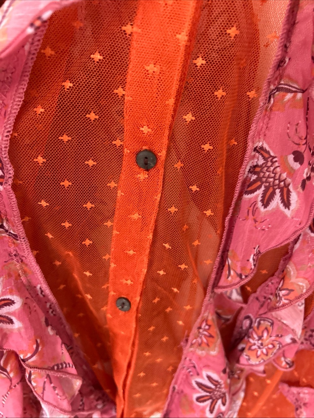 Free People Worth It Pink Orange Sheer Ruffle Floral Button Blouse Boho Fairy - Picture 9 of 14
